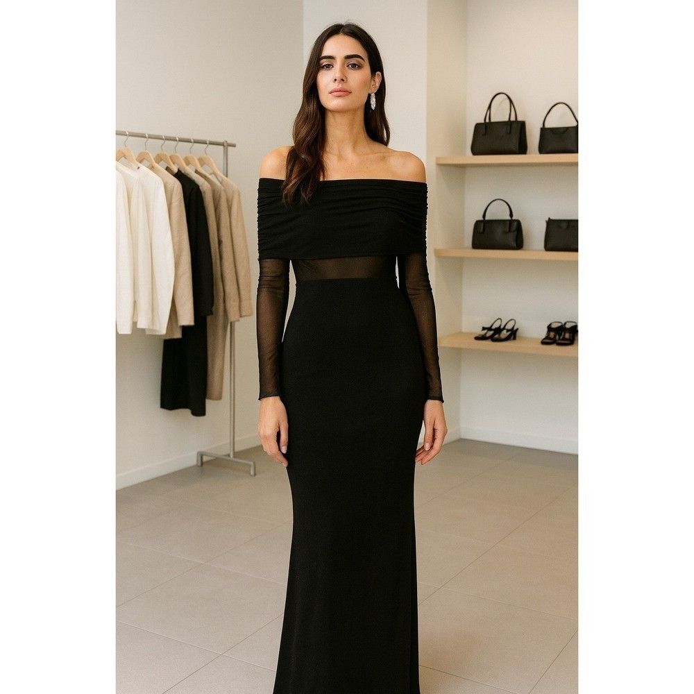 Commense Overfold Off-Shoulder Mesh Long Sleeve Long Dress Black size S